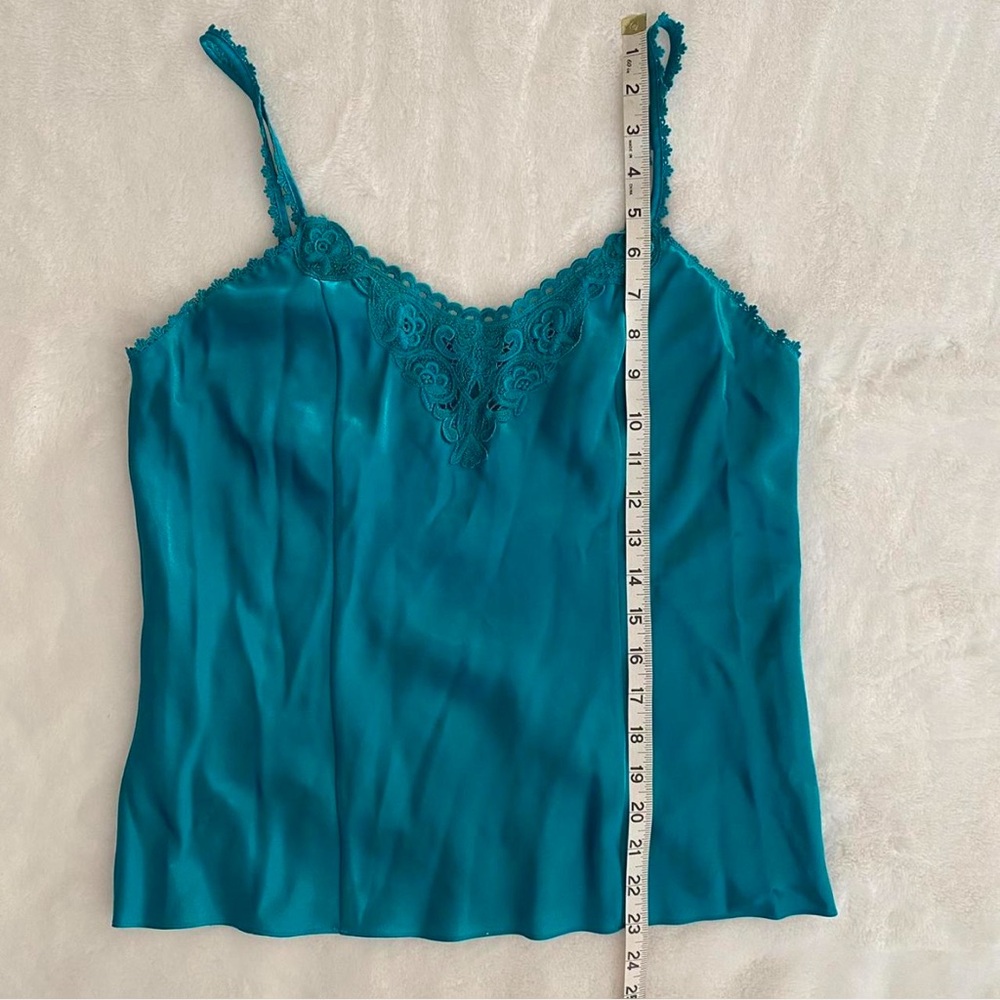 Vintage Erika Taylor turquoise teal blue satin pajama cami and shorts set sz M - Picture 3 of 8